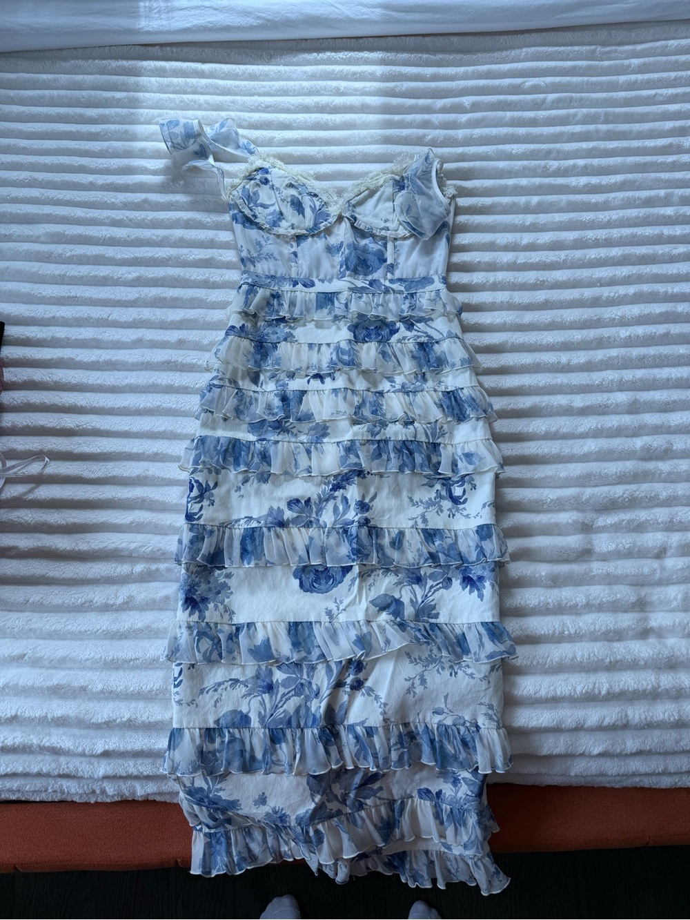 V. Chapman Blue & White One-Shoulder Floral Ruffle Midi Dress